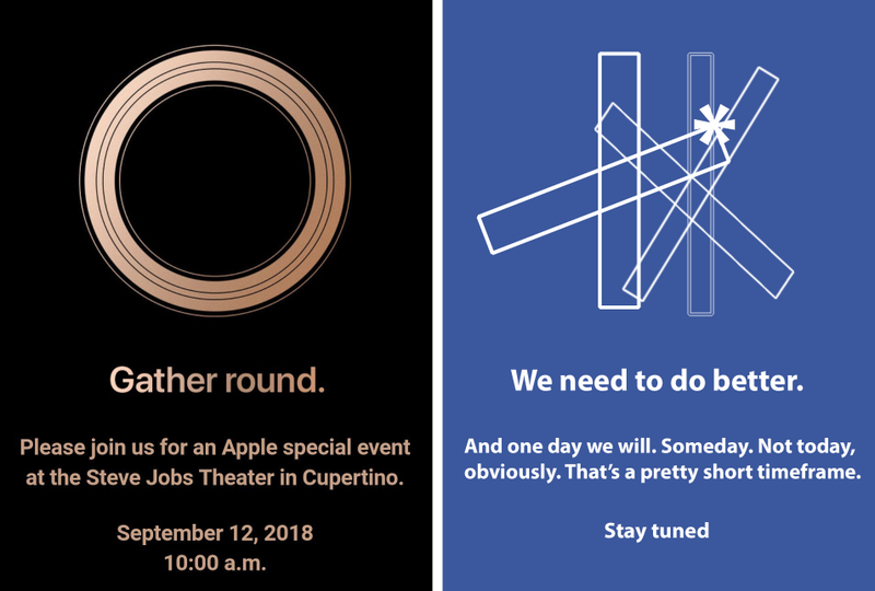 Left: Apple’s September 12 event invitation. Right: What a Facebook invitation to its new offices might look like, if it did that sort of thing.